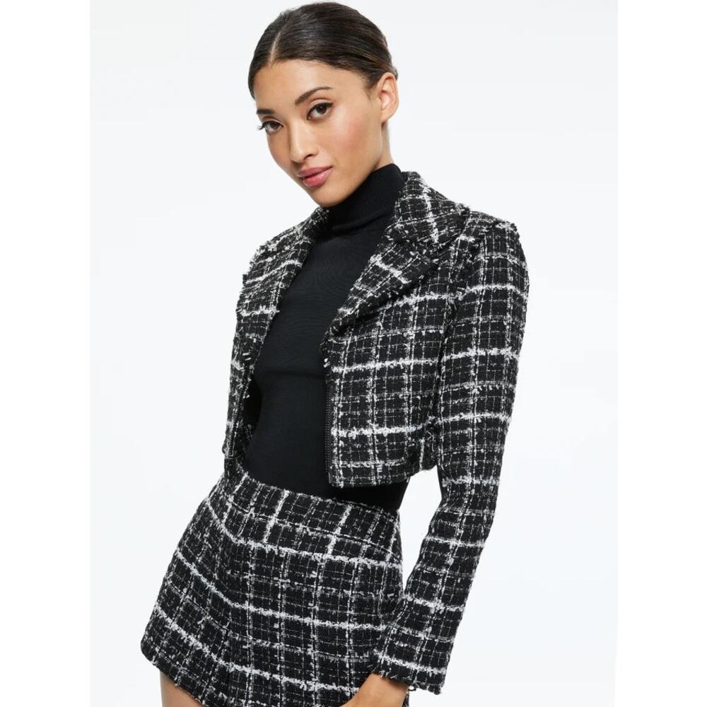 ALICE + OLIVIA Yardley Cropped Tweed Fray-Hem Jacket Black White Medium Chic NEW